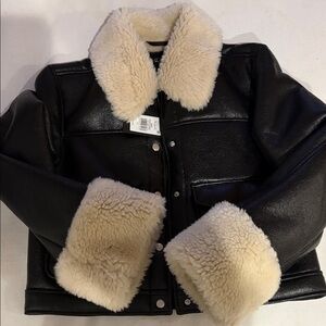 Rails Black Leather Jacket with Cream Shearling